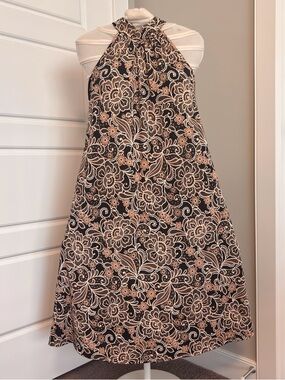 Suzy Shier Black Strapless Floral Halter Dress with Beige Pattern